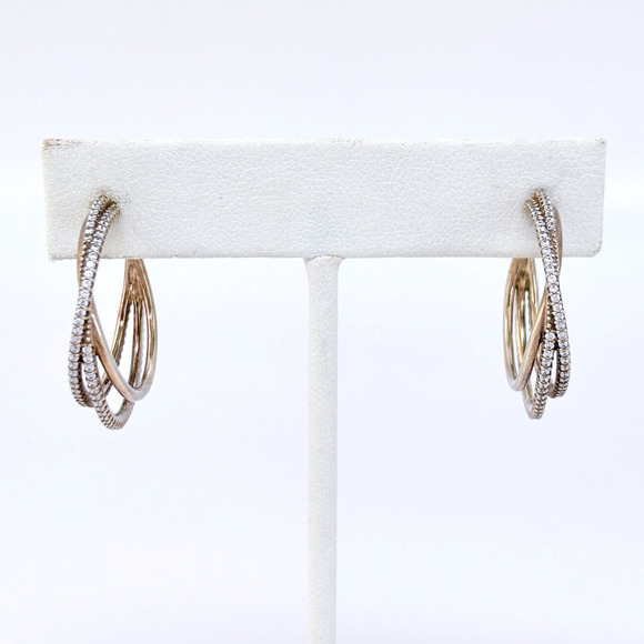 Vintage Sterling Silver 925 Gold Tone Cubic Zirconia Textured Hoop Earrings - Picture 3 of 6